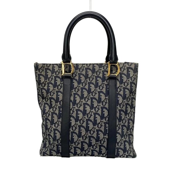 Auth DIOR/ChristianDior Trotteur Navy Dark Navy Cream Jacquard Leather Tote Bag - Picture 1 of 16